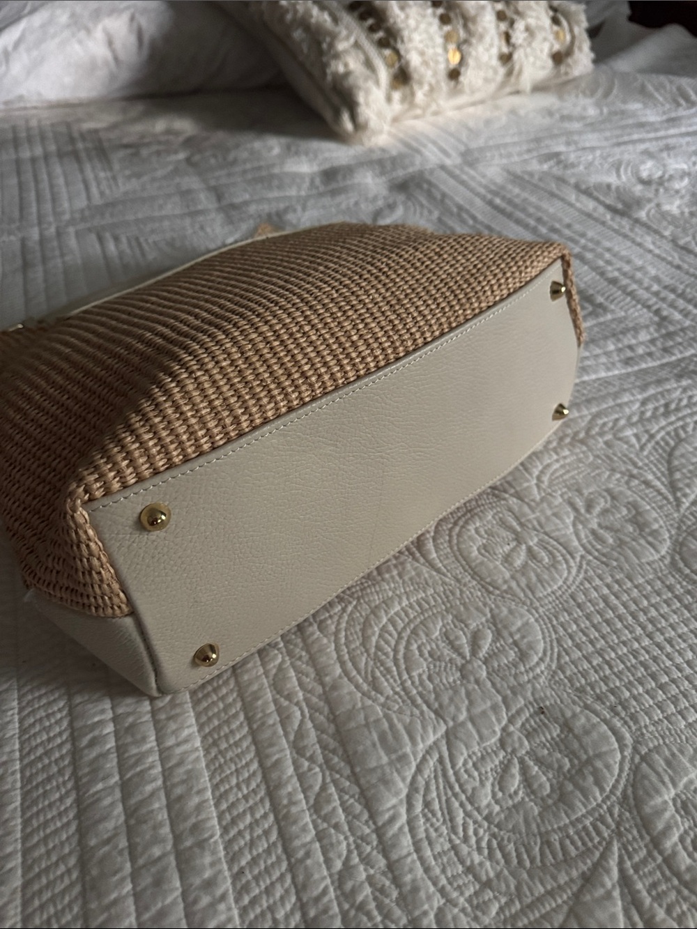 Italian Leather and Straw Hobo Bag with Cream Trim - Picture 8 of 8